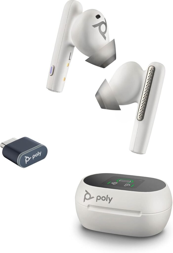 Poly Voyager Free 60+ UC True Wireless Earbuds – Noise-Canceling Mics for Clear Calls – ANC – Touchscreen Charge Case – Works w/iPhone, Android, PC/Mac – Teams Certified – White