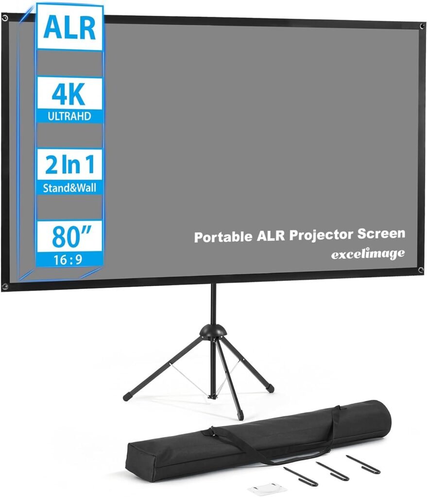 Portable Projector Screen and Stand, ALR Projector Screen, 80 Inch 16:9, Projector Screen Outdoor, High Contrast, Work In Ambient Light, Compact Size, Easy Setup, Idea for Home Cinema, Backyard Party