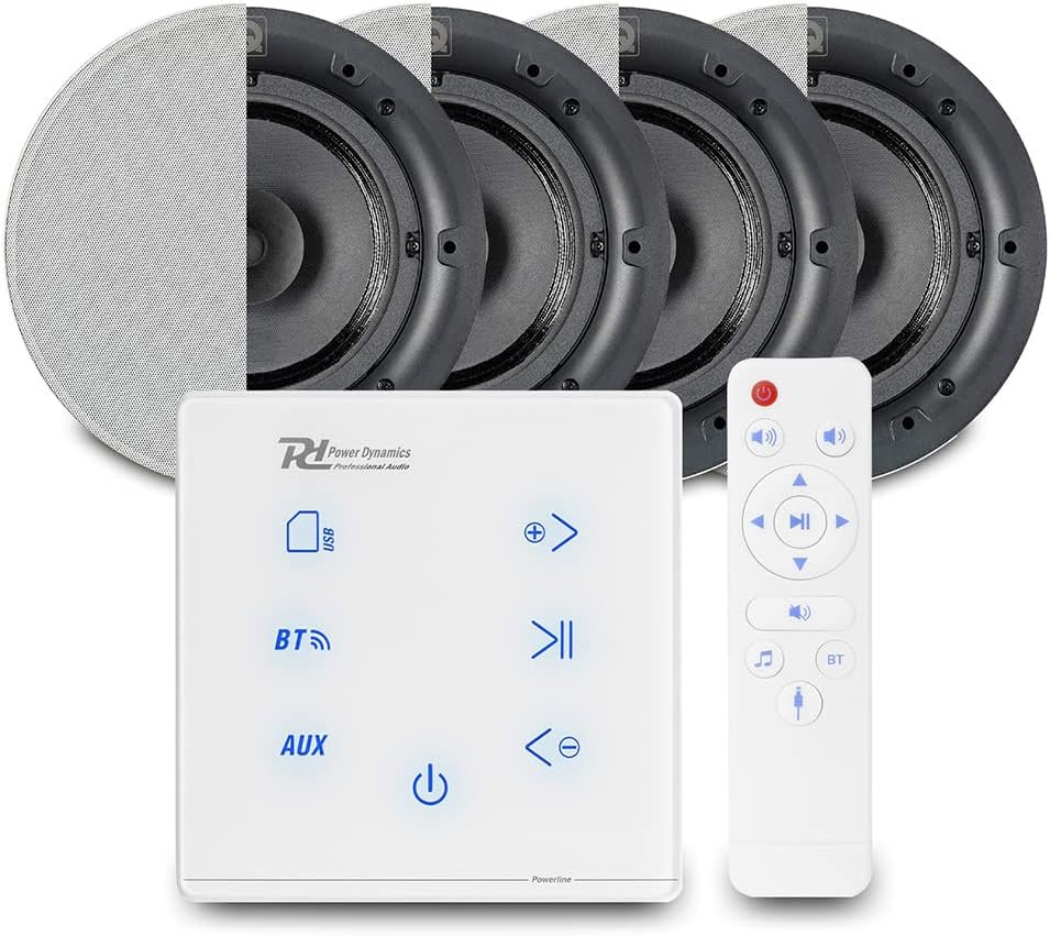 Power Dynamics Powerline Bluetooth Ceiling Speaker Set with 4x QI65CB 6.5″ and A100W In-Wall Amplifier – Home Audio Hi-Fi Music System
