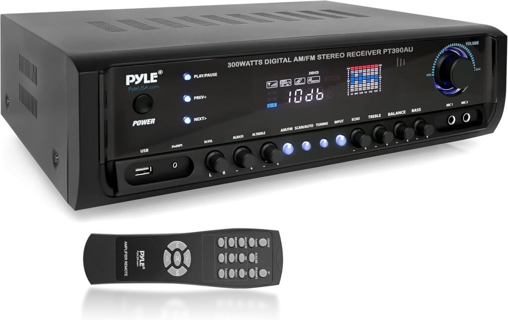 Pyle Home Audio Power Amplifier System – 300W 4 Channel Theater Power Stereo Sound Receiver Box Entertainment w/USB, RCA, AUX, Mic w/Echo, LED, Remote – for Speaker, iPhone, PA, Studio – PT390AU.5