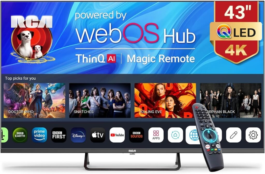RCA Web OS TV 43-inch QLED 4K UHD Smart TV, MEMC HDR10 ThinQ AI, Voice Magic Remote Dolby Audio RCA Web OS TV 43-inch QLED 4K UHD Smart TV, MEMC HDR10 ThinQ AI, Voice Magic Remote Dolby Audio