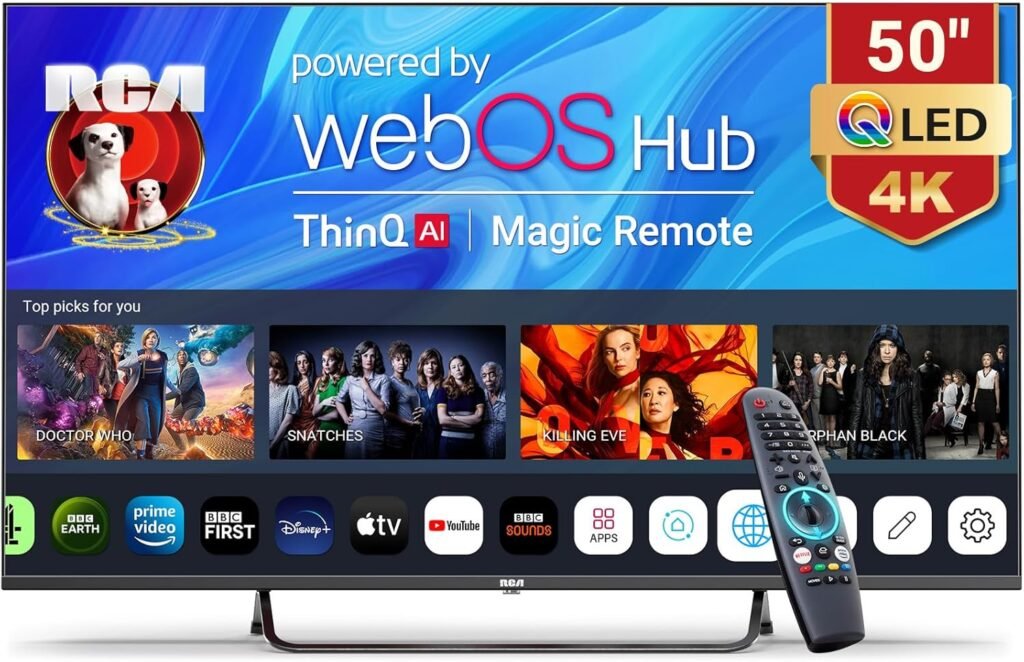 RCA Web OS TV 50-inch QLED 4K UHD Smart TV, MEMC HDR10 ThinQ AI, Voice Magic Remote Dolby Audio RCA Web OS TV 50-inch QLED 4K UHD Smart TV, MEMC HDR10 ThinQ AI, Voice Magic Remote Dolby Audio