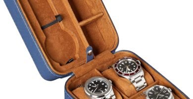 ROTHWELL 5 Watch Travel Case Storage Organizer for 5 Watches | Tough Portable Protection w/Zipper Fits All Wristwatches & Smart Watches Up to 50mm (Blue/Tan) ROTHWELL 5 Watch Travel Case Storage Organizer for 5 Watches | Tough Portable Protection w/Zipper Fits All Wristwatches & Smart Watches Up to 50mm (Blue/Tan)