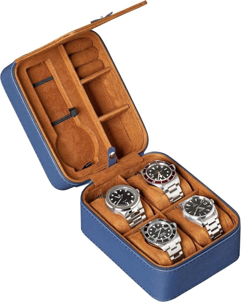 ROTHWELL 5 Watch Travel Case Storage Organizer for 5 Watches | Tough Portable Protection w/Zipper Fits All Wristwatches & Smart Watches Up to 50mm (Blue/Tan) ROTHWELL 5 Watch Travel Case Storage Organizer for 5 Watches | Tough Portable Protection w/Zipper Fits All Wristwatches & Smart Watches Up to 50mm (Blue/Tan)