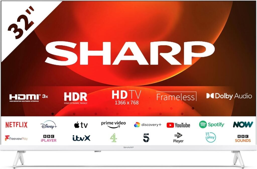 SHARP 32FH2KAW 32-Inch HD Ready Smart Frameless Android TV in White with Active Motion 400, Freeview Play, Pre-Installed Apps, 3x HDMI & 2x USB SHARP 32FH2KAW 32-Inch HD Ready Smart Frameless Android TV in White with Active Motion 400, Freeview Play, Pre-Installed Apps, 3x HDMI & 2x USB