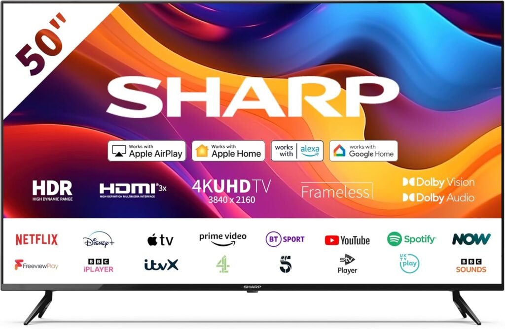 SHARP 50FJ6K 50-Inch 4K UHD Smart Roku Frameless LED TV in Black with Active Motion 400, Dobly Vision, HDR10 + HLG Support, Freeview Play, Pre-Installed Apps, 3x HDMI & 2x USB SHARP 50FJ6K 50-Inch 4K UHD Smart Roku Frameless LED TV in Black with Active Motion 400, Dobly Vision, HDR10 + HLG Support, Freeview Play, Pre-Installed Apps, 3x HDMI & 2x USB