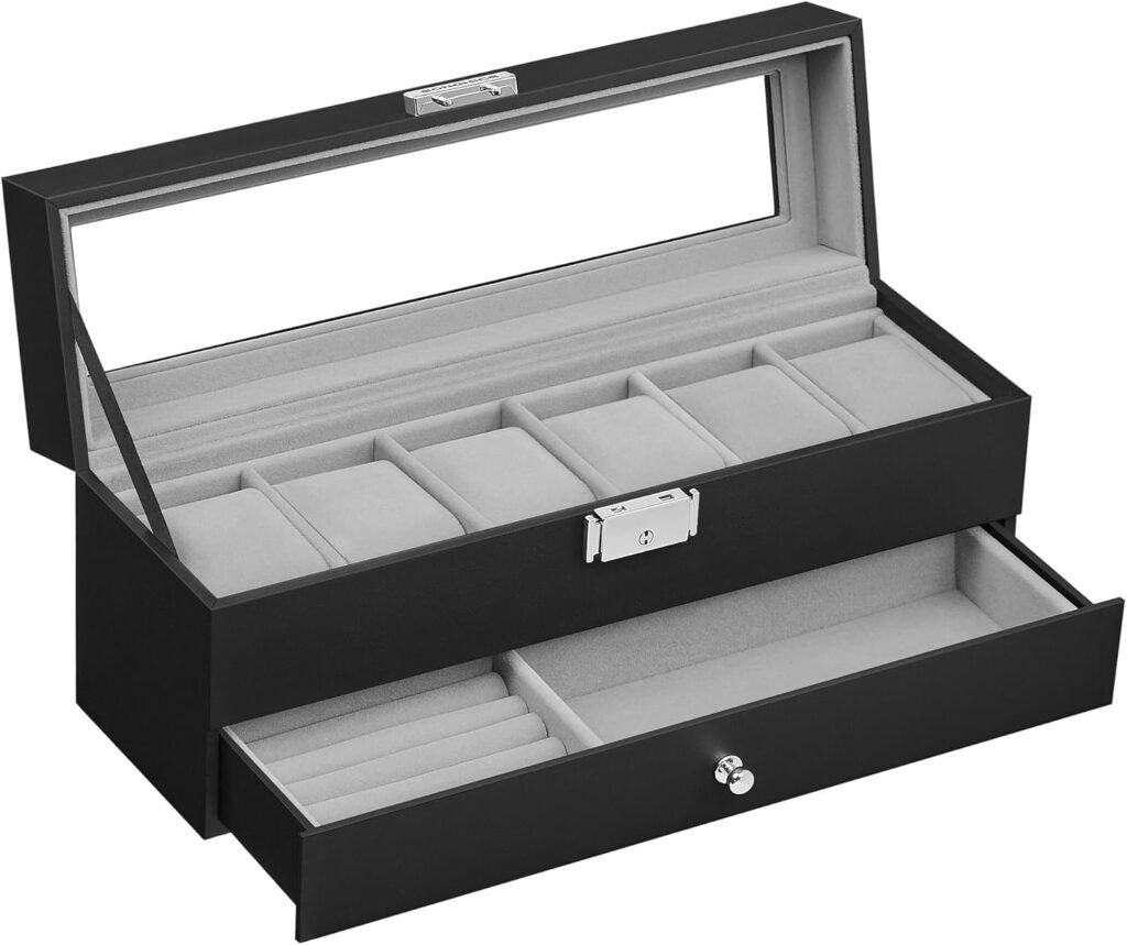 SONGMICS Watch Box, Watch Case with Glass Lid, 2-Tier Watch Display Case for 6 Watches, Lockable, 1 Drawer, for Rings, Bracelets, Gift Idea, Black Synthetic Leather, Grey Lining JWB060G01 SONGMICS Watch Box, Watch Case with Glass Lid, 2-Tier Watch Display Case for 6 Watches, Lockable, 1 Drawer, for Rings, Bracelets, Gift Idea, Black Synthetic Leather, Grey Lining JWB060G01