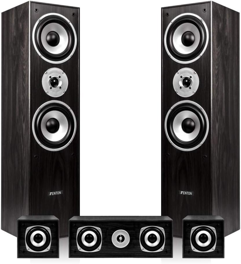 Skytronic Fenton 5.0 Black Surround Sound Speakers Set – 1150W Home Cinema Speakers, Surround Sound Speakers for TV, Hi-Fi Home Cinema Audio System – Black Wooden Tower Satellites – Hi-Fi Speaker Set