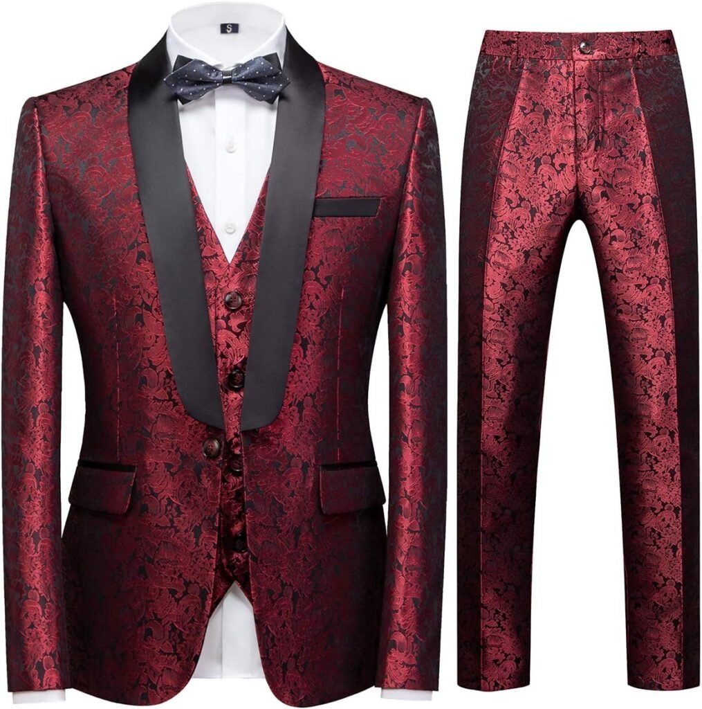 Sliktaa Men’s Suits 3 Pieces Wedding Formal Classic Business Shawl Collar Wedding Jacquard Dress Tuxedo Jacket Vest and Trouser