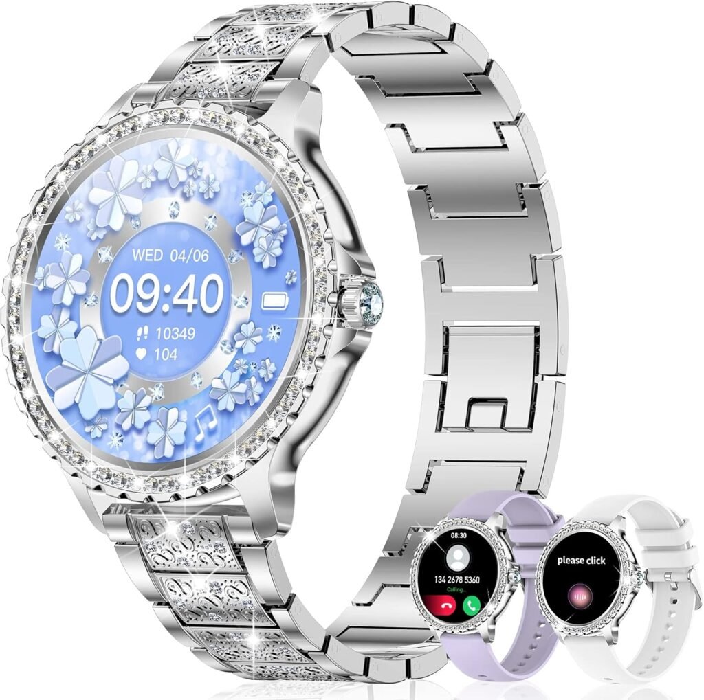 Smart Watches for Women Diamonds (Answer/Make Call),1.32”Touchscreen,Smart Watch for Android Phones with Heart Rate/Sleep Monitor,Smart Watch for Android Phones With AI Voice,3 Bling Straps