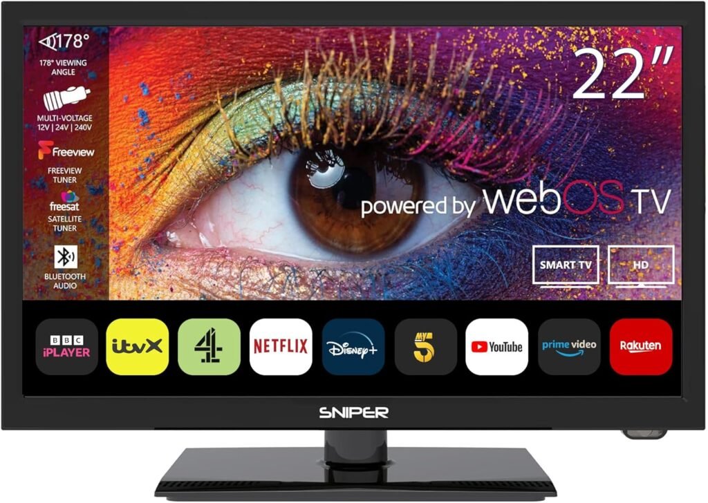 Sniper 22″ SMART LED Camping TV – webOS – Bluetooth 5.0, Wifi, Freeview Tuner, Satellite Tuner, Streaming & Catchup, 3 x HDMI, 2 x USB, Multimedia player, HD Sniper 22″ SMART LED Camping TV – webOS – Bluetooth 5.0, Wifi, Freeview Tuner, Satellite Tuner, Streaming & Catchup, 3 x HDMI, 2 x USB, Multimedia player, HD