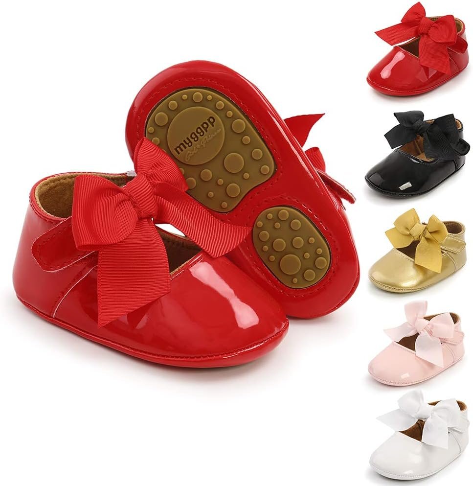 Sonsage Infant Baby Girls Bowknot Mary Jane Toddler PU Leather Soft Sole Princess Wedding Dress First Walking Flats Prewalker Newborn Ballet Shoes