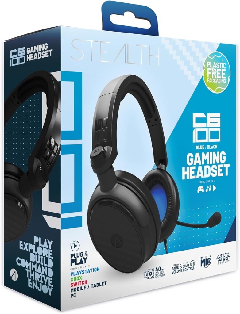 Stealth C6-100 Black & Blue Over Ear Gaming Headset PS4/PS5, XBOX, Switch, PC with Flexible Mic, 3.5mm Jack, 1.5m Cable, Lightweight, Comfortable and Durable