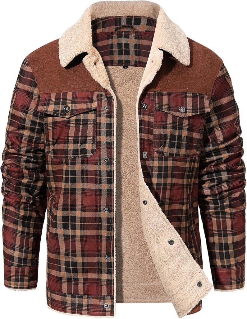 Svanco Winter Jackets Men Padded Lumberjack Winter Warm Fleece Lined Plaid Jacket Coat Outdoor Casual Button Down Overshirt Flannel Sherpa Work Jackets Coats M-XXL