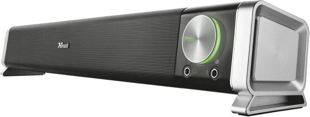 Trust Asto PC Soundbar, USB Powered Speaker Set, Rich Stereo Sound System 12 W Peak Power, Illuminated Volume Control, Speaker for PC, Monitor, TV – Black