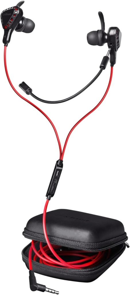Trust Gaming GXT 408 Cobra Multiplatform Gaming In-Ear Earphones, Headphones with Mic, with Flexible Rubber Ear Hooks, Hard Case, Earphones for PC, Console, Laptop, Phone and Tablet – Black Trust Gaming GXT 408 Cobra Multiplatform Gaming In-Ear Earphones, Headphones with Mic, with Flexible Rubber Ear Hooks, Hard Case, Earphones for PC, Console, Laptop, Phone and Tablet – Black