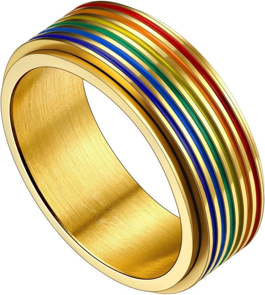 U7 LGBTQ Rainbow Fidget Rings, Spin for Anxiety Relief, Bisexual Lesbian Gay Pride Couple Ring Jewellery, Stainless Steel/Black/Gold Plated, Size O-Y, Name Customizable, Send Gift Box