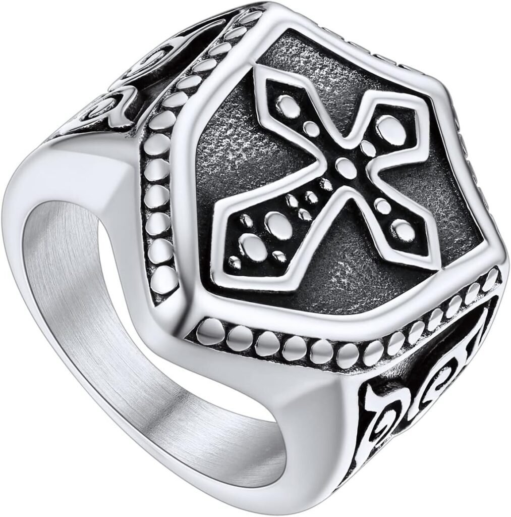 U7 Stainless Steel Knights Templar Cross Chunky Ring for Men Women, Vintage Solomon Catholicism Faith Jewellery, Black/Gold Plated, Come with Gift Box