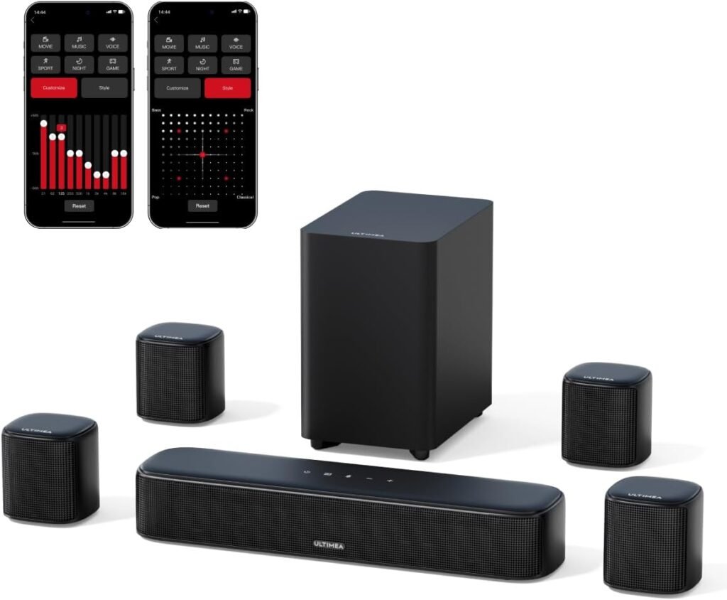 ULTIMEA 7.1ch Virtual Surround Sound Bar, Sound Bar for Smart TV with 4 Surround Speakers, Peak Power 330W, Surround Sound System for TV, App Control, TV Soundbar with Subwoofer, OPT/AUX/BT, Aura A40