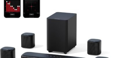 ULTIMEA 7.1ch Virtual Surround Sound Bar, Sound Bar for Smart TV with 4 Surround Speakers, Peak Power 330W, Surround Sound System for TV, App Control, TV Soundbar with Subwoofer, OPT/AUX/BT, Aura A40 ULTIMEA 7.1ch Virtual Surround Sound Bar, Sound Bar for Smart TV with 4 Surround Speakers, Peak Power 330W, Surround Sound System for TV, App Control, TV Soundbar with Subwoofer, OPT/AUX/BT, Aura A40