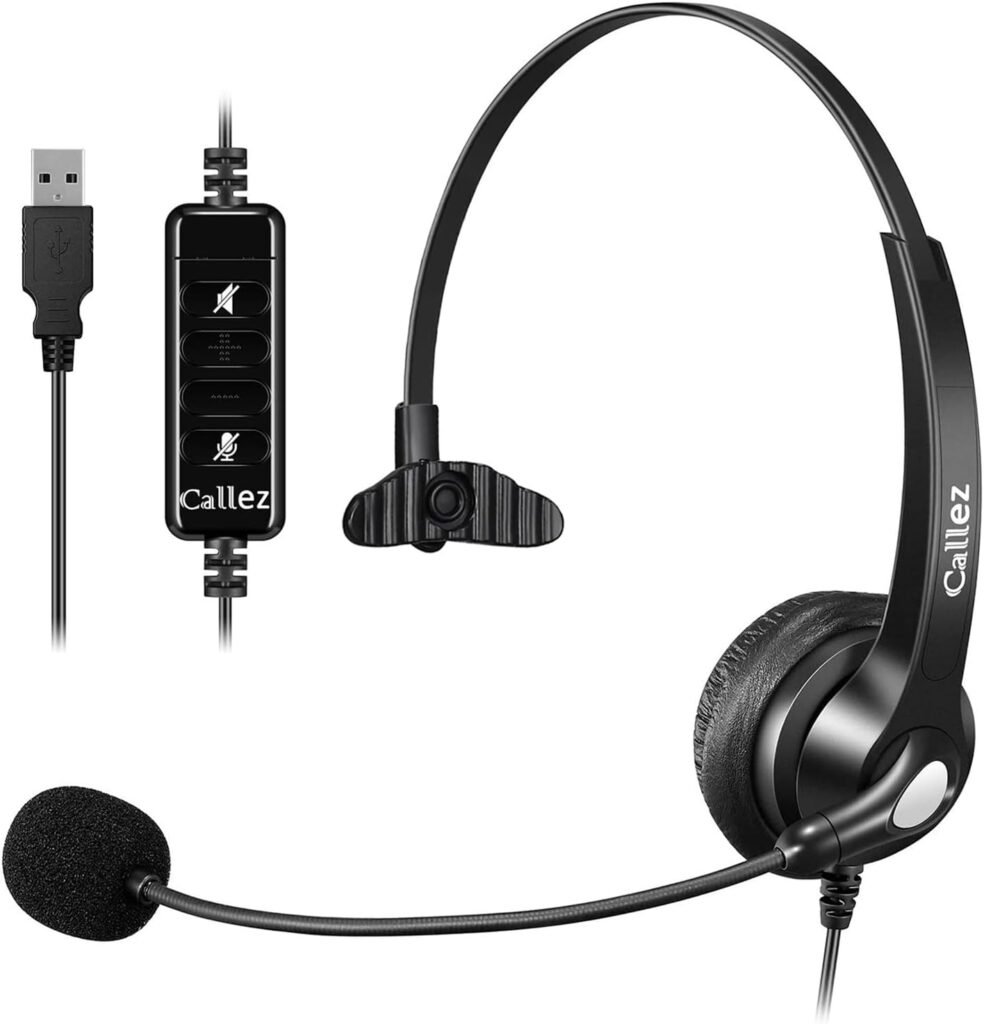 USB Headset with Microphone Noise Cancelling & Audio Controls, Wideband PC Headphone for Business UC Skype Lync Softphone Call Center Office Computer, Clearer Voice, Super Light, Ultra Comfort