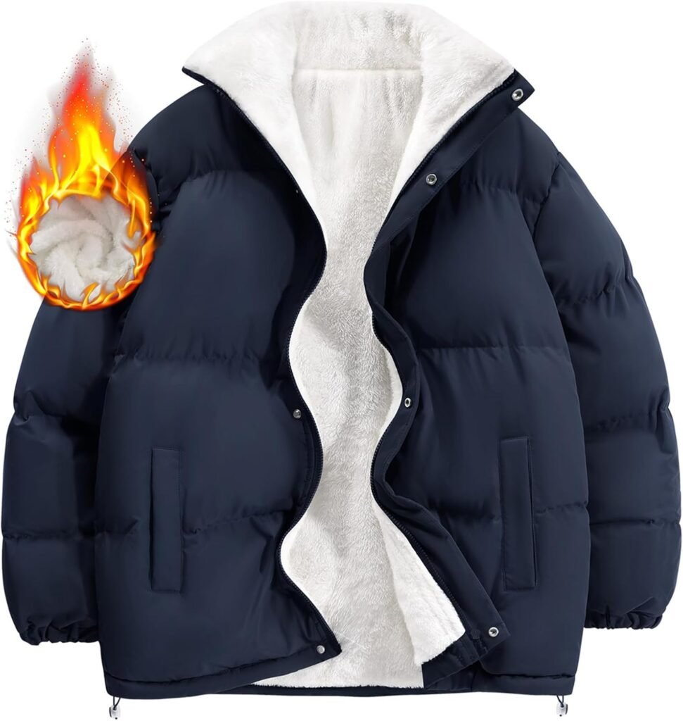 Vancavoo Puffer Jackets Men Winter Coat Hooded Padded Outwear Fleece Lining Casual Thick Coat Warm Jacket Zip Up with Pockets