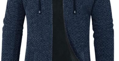 Vijamiy Mens Cardigans with Pockets Hoodies for Men Winter Long Full Zip Coat Knitted Thick Fleece Hooded Jacket Causal Warm Knitwear