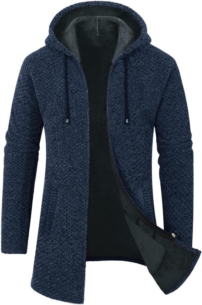 Vijamiy Mens Cardigans with Pockets Hoodies for Men Winter Long Full Zip Coat Knitted Thick Fleece Hooded Jacket Causal Warm Knitwear Vijamiy Mens Cardigans with Pockets Hoodies for Men Winter Long Full Zip Coat Knitted Thick Fleece Hooded Jacket Causal Warm Knitwear