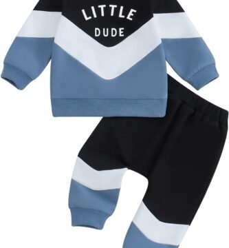 Vioyavo Toddler Baby Boy 2Pcs Tracksuit Fall Winter Outfit Contrast Color Letters Print Sweatshirt Jumper Tops Elastic Waist Sweatpants Set