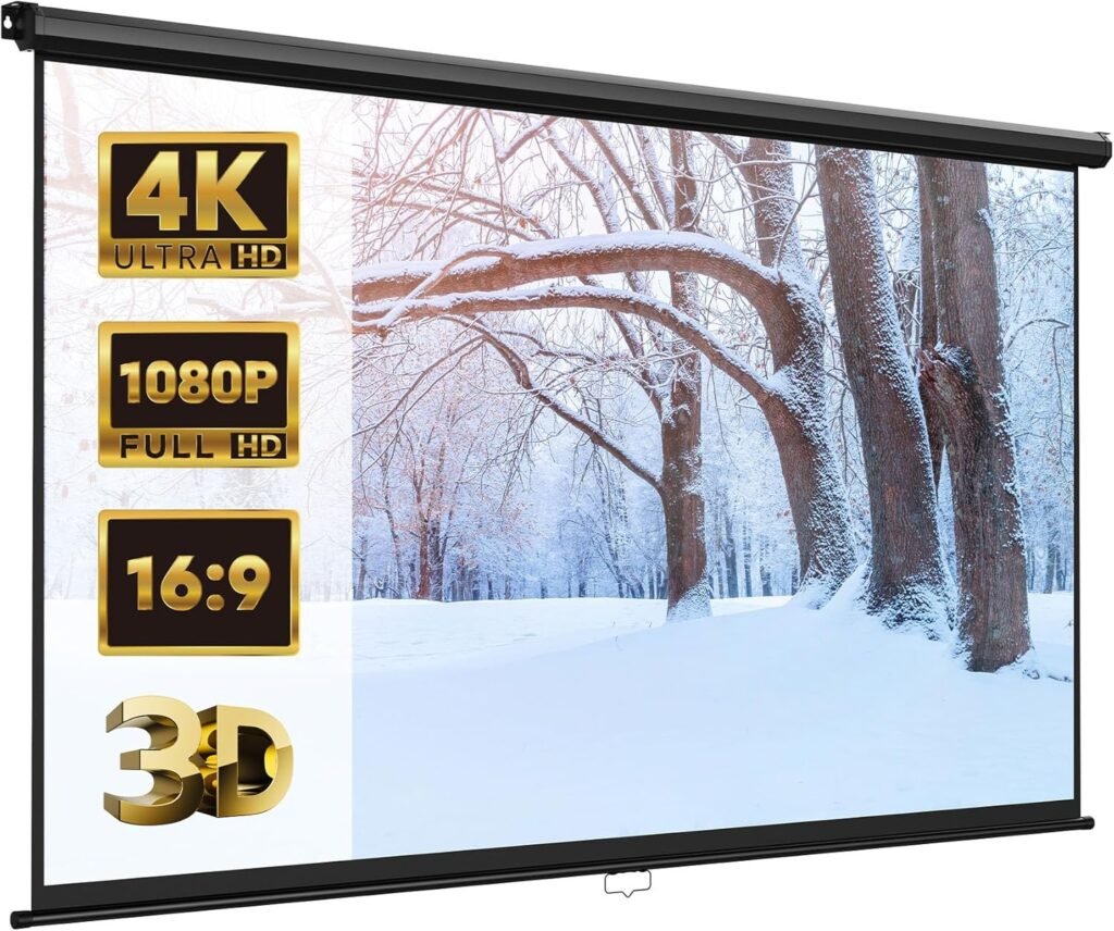 VonHaus Pull Down Projector Screen, 100″ Wall Mounted 4K HD Projection Screen with 16:9 Aspect Ratio, Home Cinema Wall or Ceiling Mountable with Soft Close Mechanism & Stainless Steel Casing