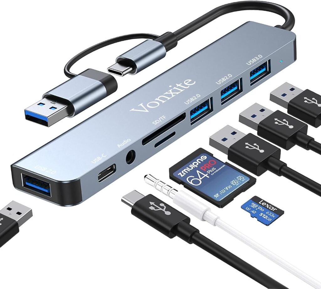 Vonxite USB C Adapter 8 in 1, USB-C Hub with 4USB A, USB-C Data Ports, SD/TF Card Reader, 3.5mm Headphone Jack, USB-C Hub Multiport Adapter for Smartphones, Laptops, iPad Pro, Switch, and More Vonxite USB C Adapter 8 in 1, USB-C Hub with 4USB A, USB-C Data Ports, SD/TF Card Reader, 3.5mm Headphone Jack, USB-C Hub Multiport Adapter for Smartphones, Laptops, iPad Pro, Switch, and More
