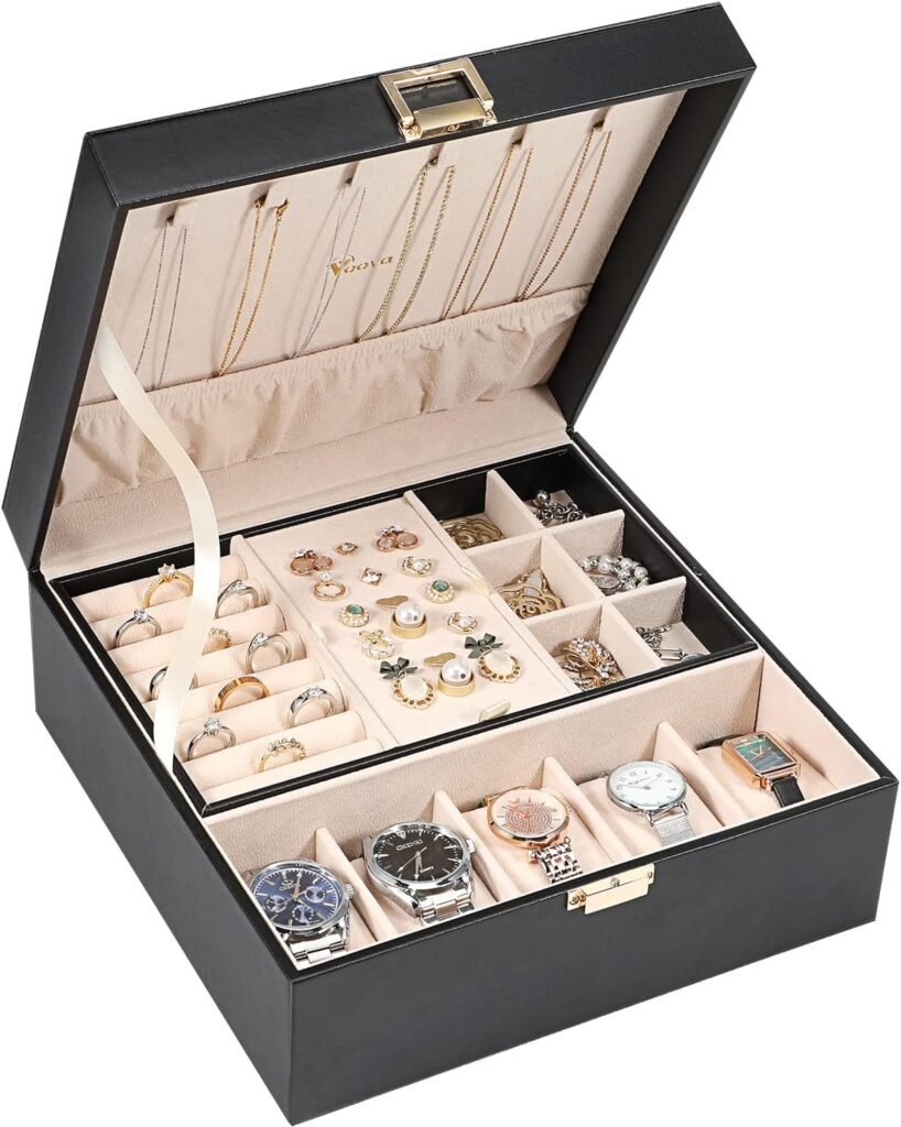 Voova Jewellery Box Organiser for Men Women Girls, Large Watch Storage Case, 2 Layer PU Leather Jewelry Display Holder with Removable Tray for Watches Sunglasses Rings Earrings Necklace, Gifts, Black