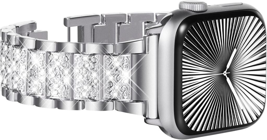 WINGLE Compatible for Apple Watch Straps, Women Bling Diamond Rhinestone Strap for Apple watch se Strap iwatch Strap Series 10 46mm, series 9/8/7 45mm, series 6/5/4 44mm, series 3/2/1 42mm, Silver