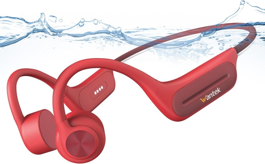 Wantek Bone Conduction Headphones, Wireless Swimming Headphone Bluetooth 5.3 Sport Headset IP68 Waterproof Earphone Built-in 32GB Memory Open-Ear Headphones for Running, Cycling, Hiking (Red)