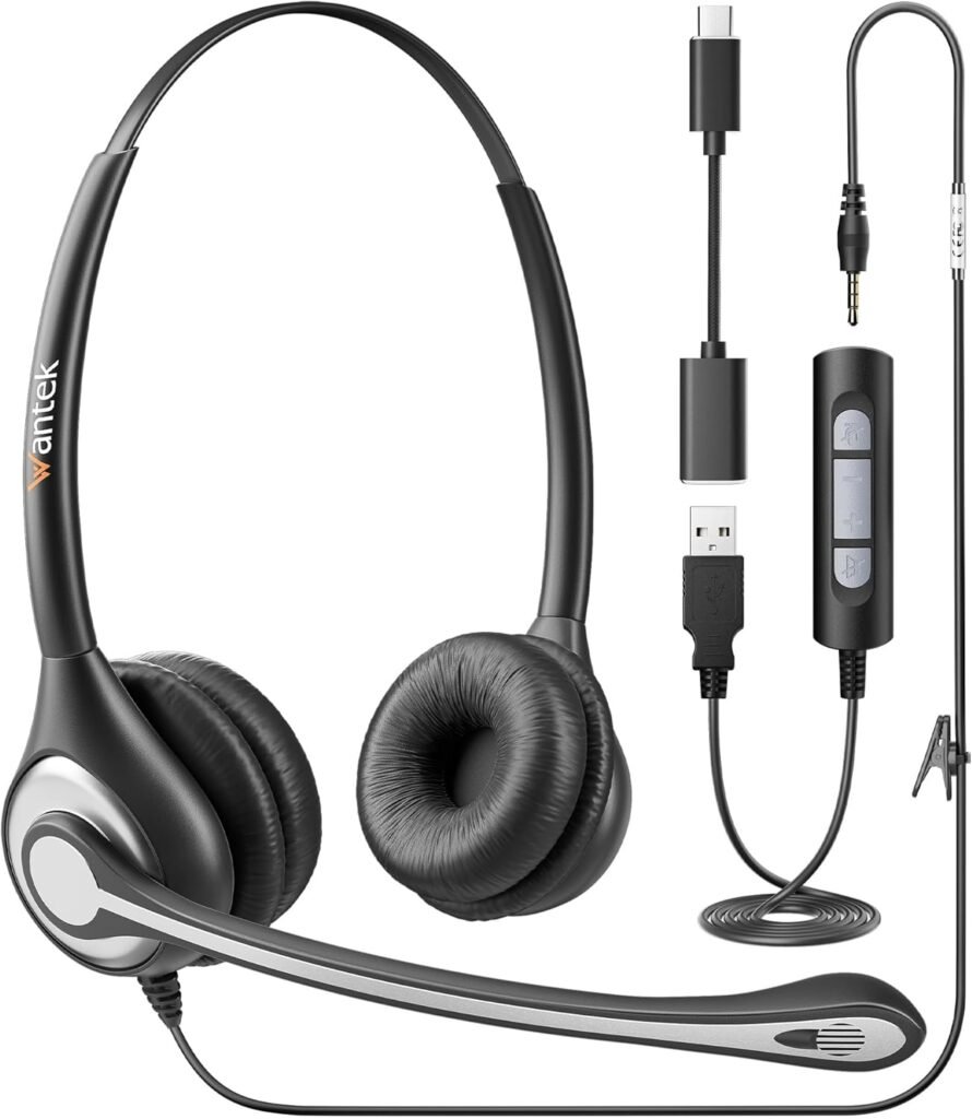 Wantek Headsets 602F with Microphone Noise Canceling and Cable USB 3.5mm Plug Type-C Adapter For Call Center Computers PC Laptop Tablets Office Calls Work Business Team Meetings Online Conference