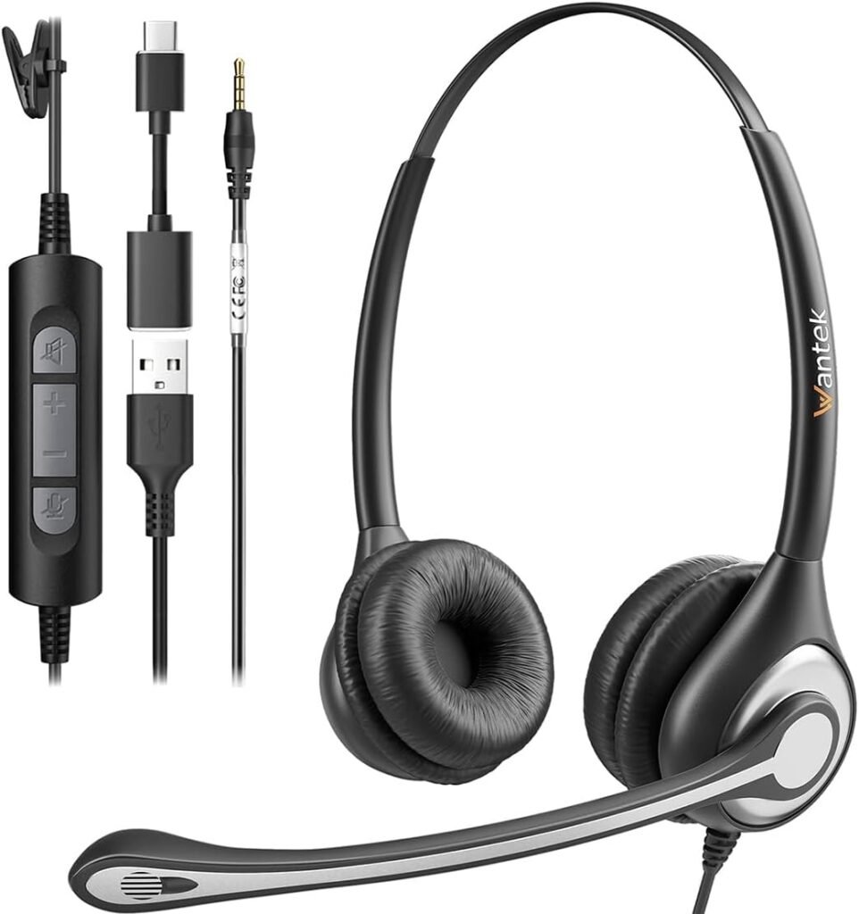 Wantek USB Headset With Microphone For Laptop, PC Headphones With Mic Noise Cancelling, Computer Headsets With In-Line Volume Control & Mute, Compatible with Ms teams, Zoom, Webex, Office, Home