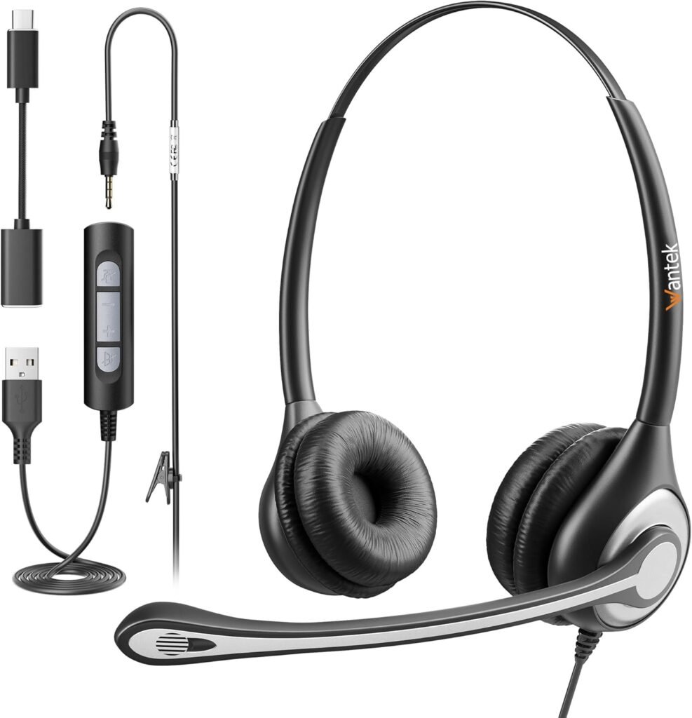 Wantek USB Headset with Microphone for PC Laptop,3.5mm/USB/Type-C Jack 3-In-1 Headphones with Noise Cancelling & Audio Controls,Teams Headset for Office,Call Center,Work,Binaural