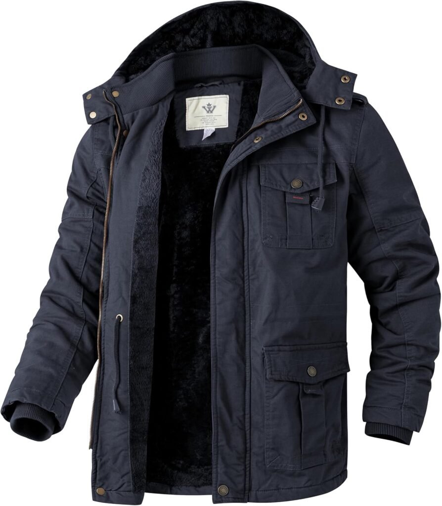 WenVen Men’s Winter Warm Parka Jacket Thickened Fleeced Lining Coat Windprooof Hooded Jackets Quilted Cotton Padding Mid-Length Casual Outerwear Coats