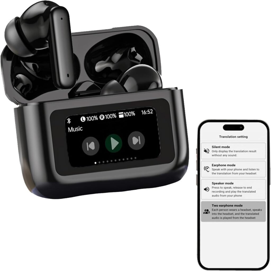 Wireless Bluetooth AI Translation Earbuds Real Time Support 150 Languages AI Headphones ANC Noise Cancelling Translator Earbuds with Touch Screen Case for iPhone Android Work Business Travel Learning