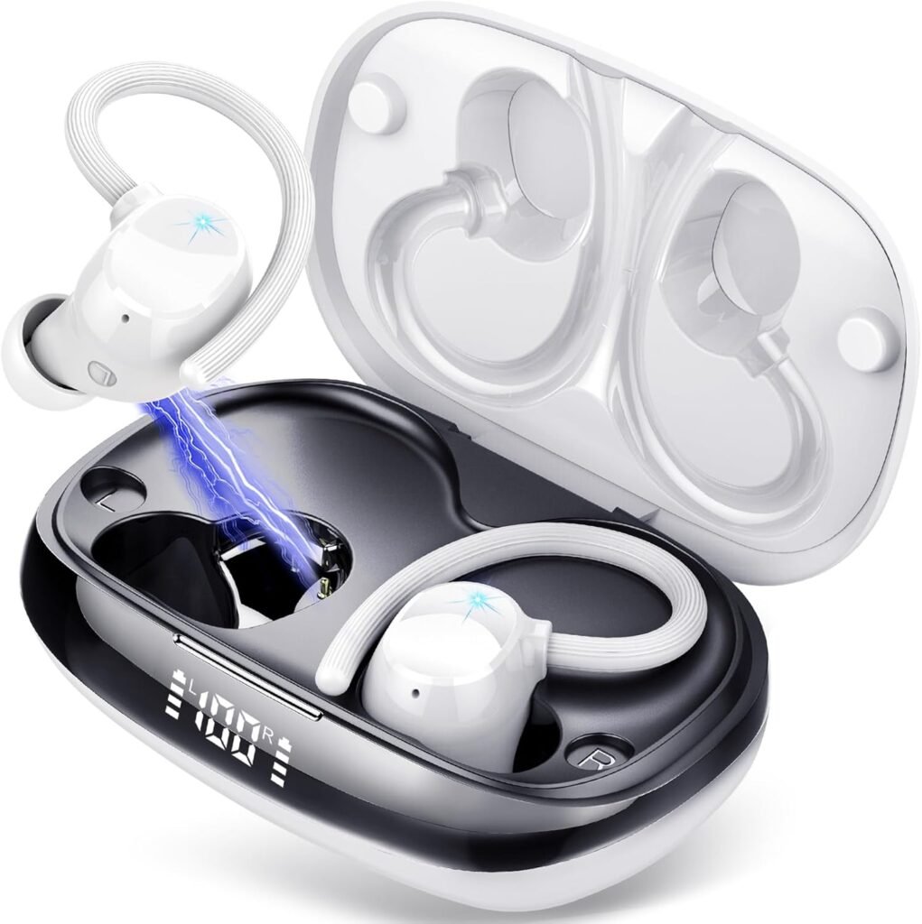 Wireless Earbuds, Bluetooth 5.3 Headphones Deep Bass, 80H Wireless Headphones with 4 HD ENC Noise Cancelling Mic, Wireless Earphones IPX7 Waterproof, Ear Buds with Earhooks for Sport, Bright White
