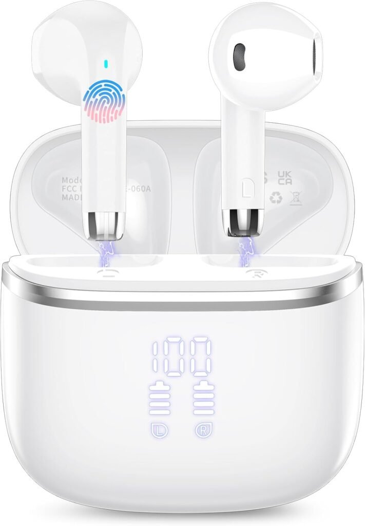Wireless Earbuds, Bluetooth 5.3 Headphones with 4 ENC Noise Cancelling Mic, HiFi Stereo Deep Bass, 40H Playtime, IP7 Waterproof Bluetooth Earphones, Bluetooth Earbuds Dual LED Display, USB-C, White Wireless Earbuds, Bluetooth 5.3 Headphones with 4 ENC Noise Cancelling Mic, HiFi Stereo Deep Bass, 40H Playtime, IP7 Waterproof Bluetooth Earphones, Bluetooth Earbuds Dual LED Display, USB-C, White