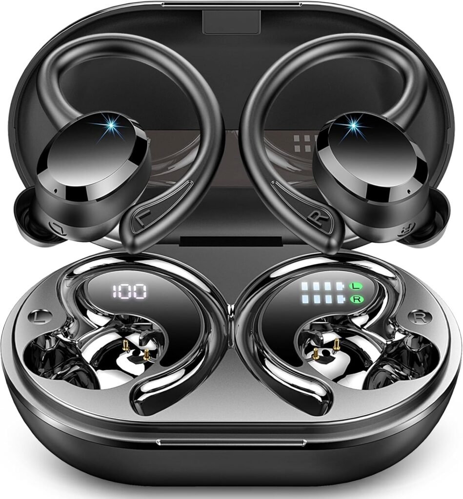 Wireless Earbuds, Bluetooth Headphones Sport with 4 Mics, Wireless Headphones in Ear with Earhooks, Dual LED Display Ear Buds, IP7 Waterproof, USB-C Fast Charging Wireless Earphones for Running/Gym