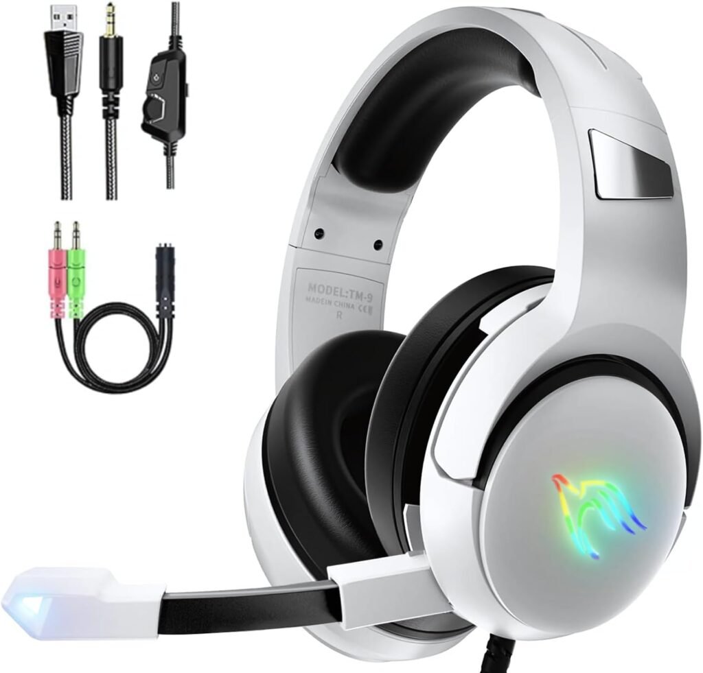 YINSAN Gaming Headset for PS4 PS5 Xbox Series X|S Xbox One Nintendo Switch PC, Over Ear Wired Gaming Headphones with Stereo Surround Sound RGB Light Noise Cancelling Mic Flip-to-Mute Button, White YINSAN Gaming Headset for PS4 PS5 Xbox Series X|S Xbox One Nintendo Switch PC, Over Ear Wired Gaming Headphones with Stereo Surround Sound RGB Light Noise Cancelling Mic Flip-to-Mute Button, White