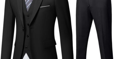 YND Men’s Slim Fit 3 Piece Suit, One Button Solid Jacket Vest Pants Set with Tie YND Men’s Slim Fit 3 Piece Suit, One Button Solid Jacket Vest Pants Set with Tie