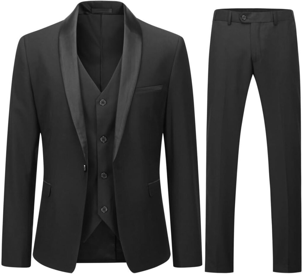 YOUTHUP Mens Suits Slim Fit 3 Piece Suit Shawl Lapel Wedding Dinner Tuxedo 1 Button Blazer Pants Vest