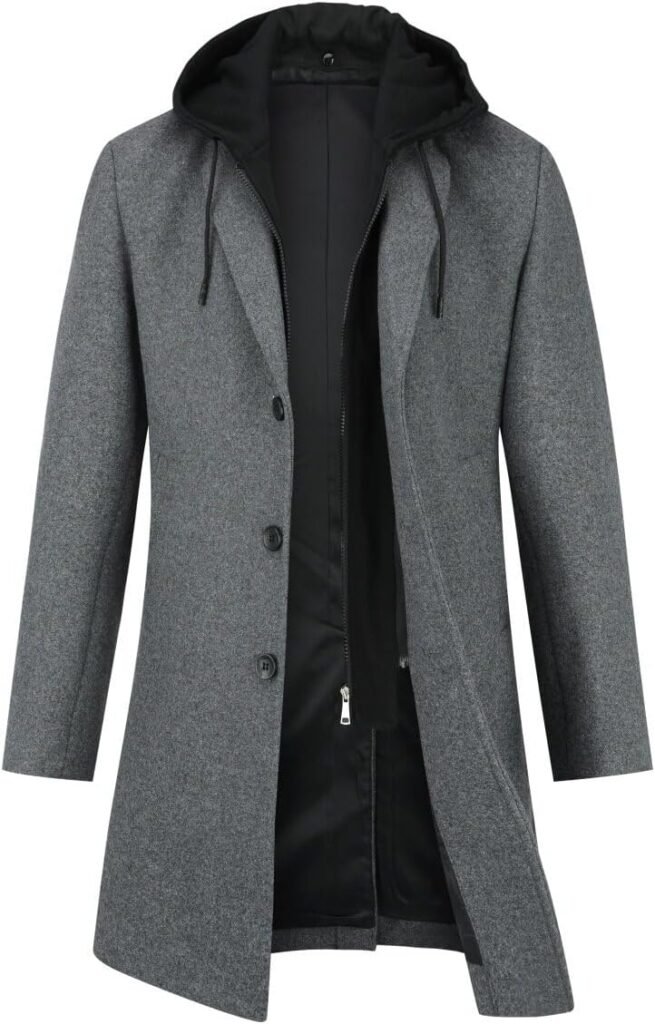 YOUTHUP Men’s Wool Trench Coat Winter Thick Peacoat with Removable Hood Casual Overcoat