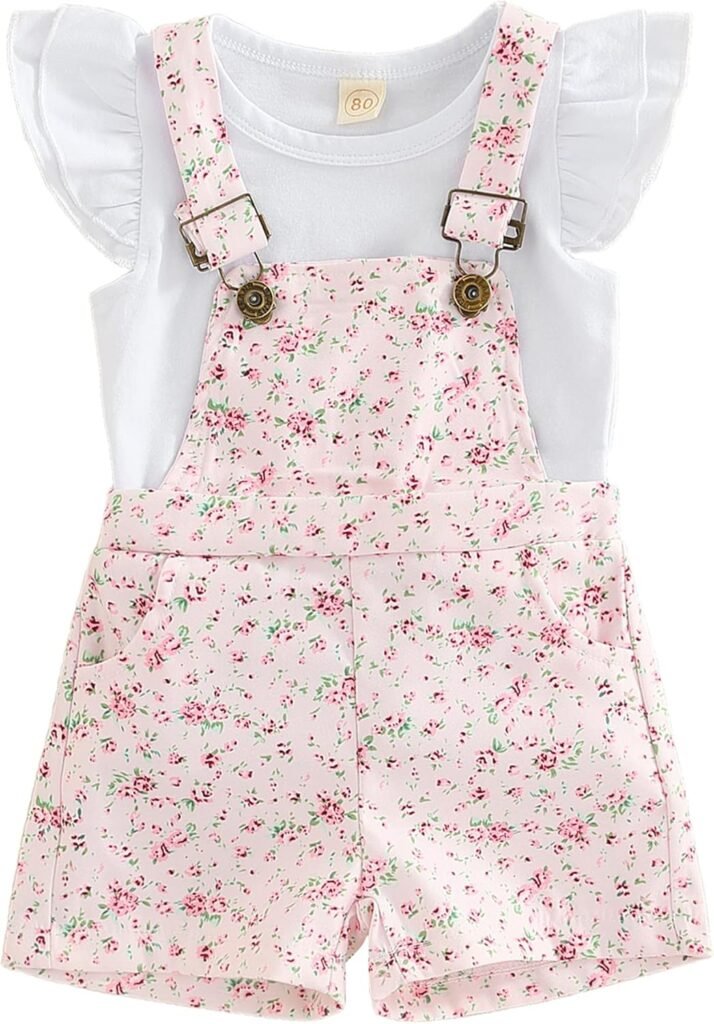 ZZLBUF Toddler Baby Girl Overalls Romper Outfit Kids Ruffle Sleeve Tops T-Shirt + Floral Suspender Pocket Shorts Clothes Set