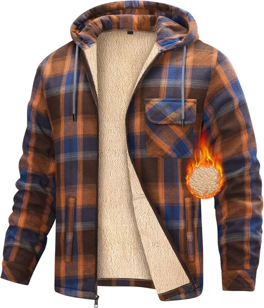 heekpek Men’s Hoodies Fleece Lumberjack Jacket Winter Flannel Shirt Plaid Sherpa Hooded Sweatshirt Full Zip Up Warm Thick Coat with Pockets for Outdoor Work