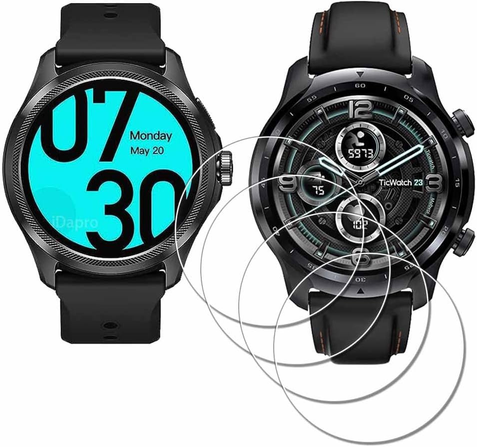 iDaPro Screen Protector for TicWatch Pro 5 / Pro 3 Ultra/TicWatch Pro3 Pro5 Smart Watch [4 Pack] Tempered Glass Anti-Scratch Bubble-Free Easy Installation