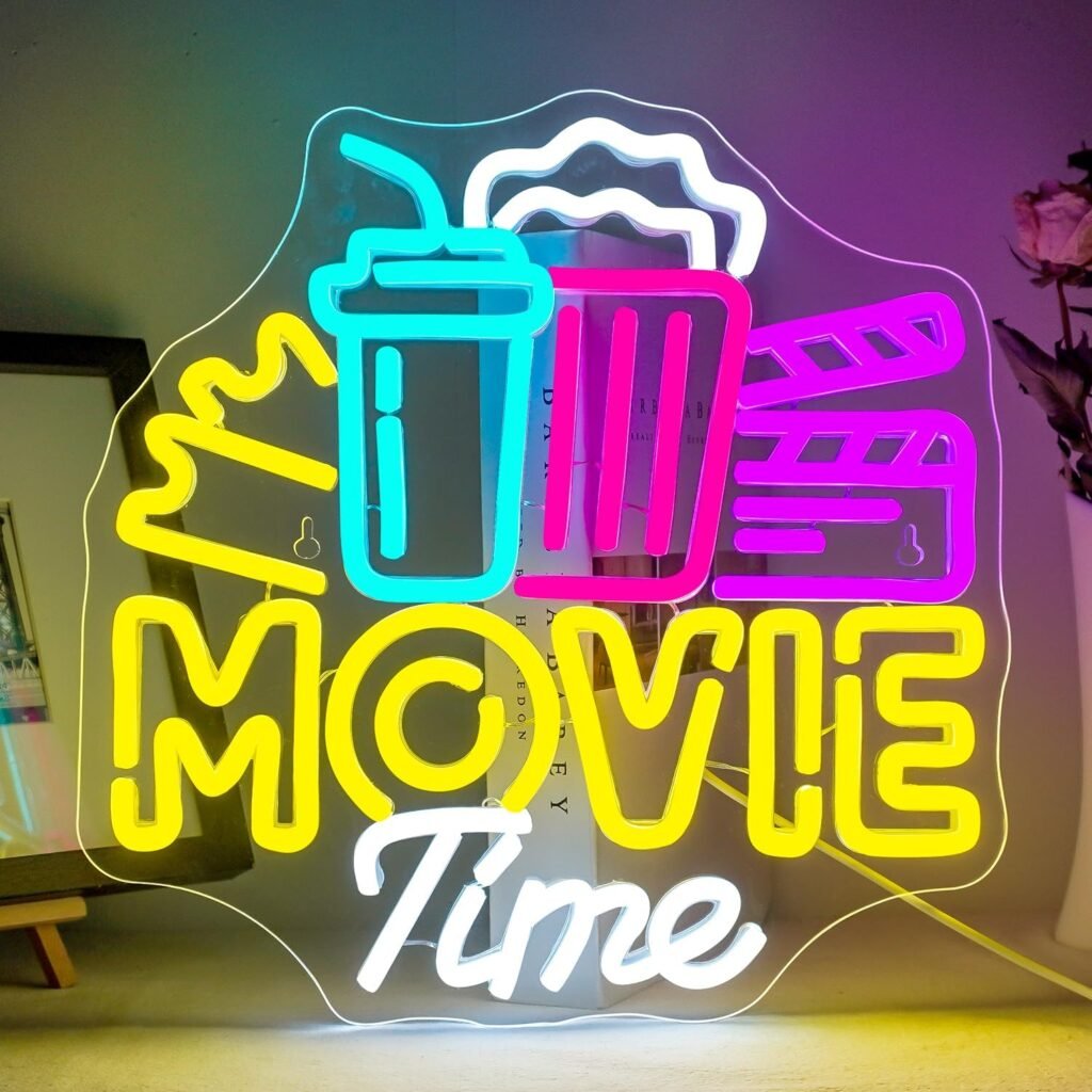 ineonlife Movie Time with Popcorn Paper Box Neon Sign, Cinema LED Neon Light for Wall Decor, Movie Night Home Cinema Decor, Dimmable USB Neon Lights for Film Room Cinema Man Cave Party Birthday